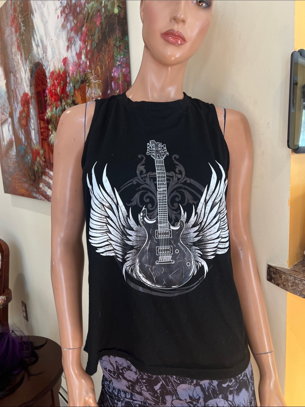 Black Graphic XS  Guitar Wing Muscle Tank nwot